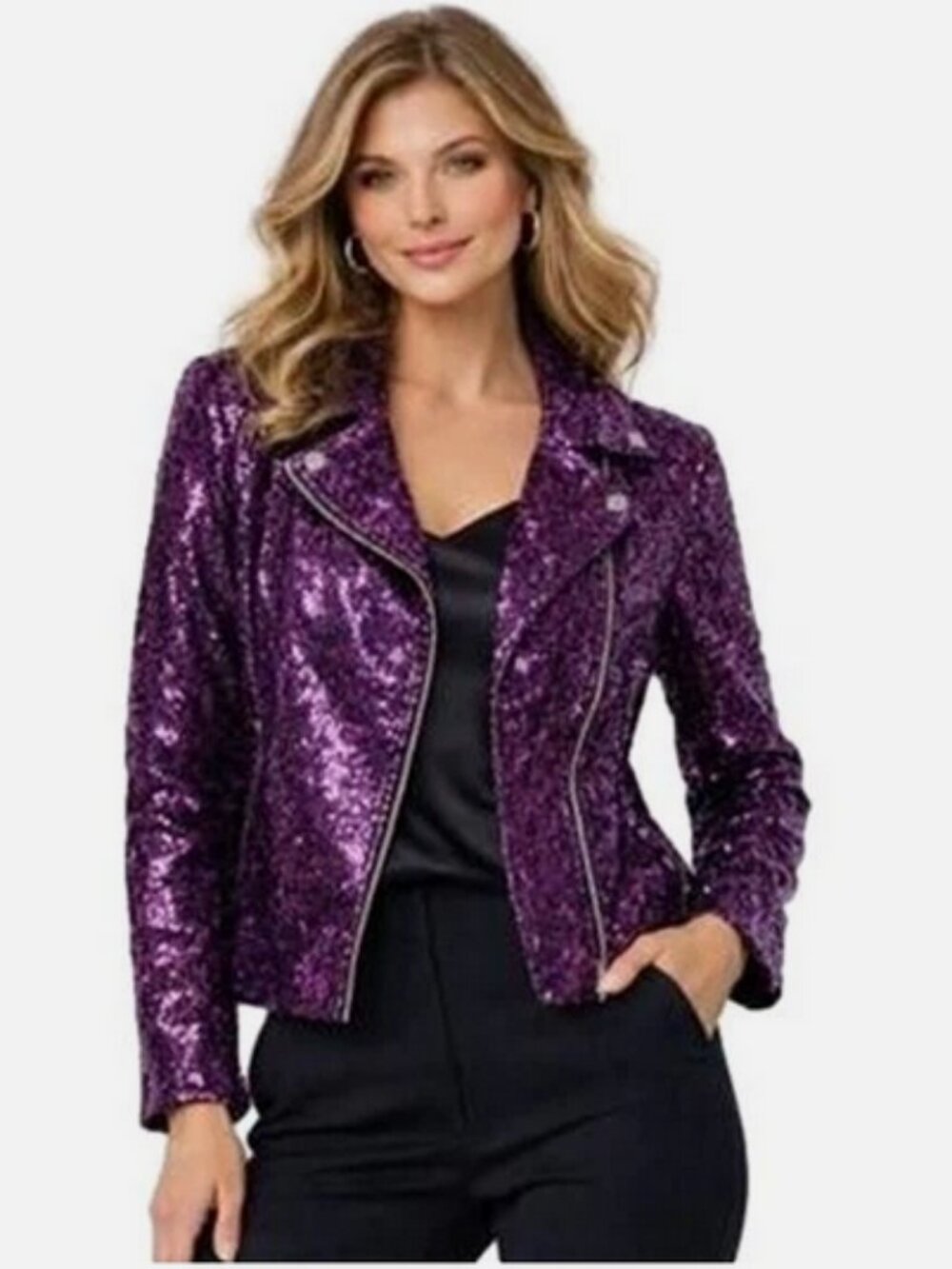 Colleen Lopez Women's Luxe Sequin Moto Jacket Violet Rose Size XXS NIB